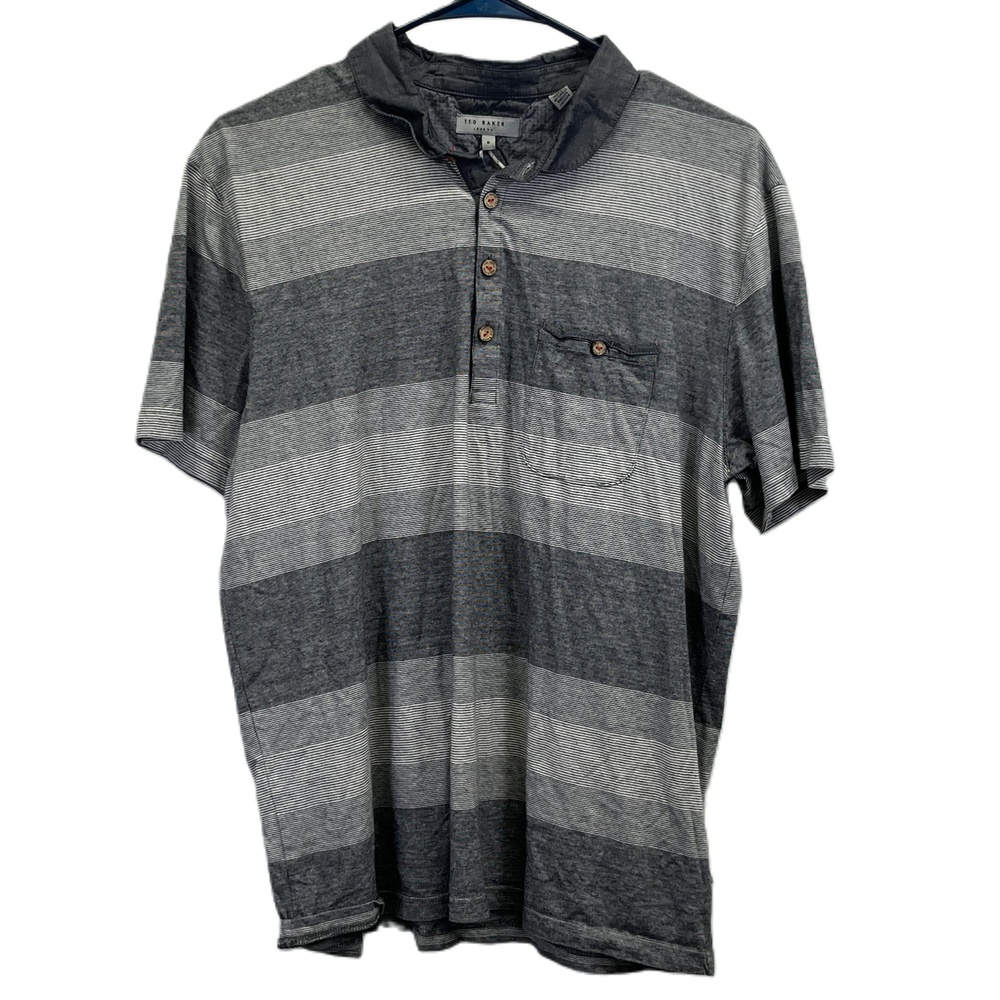 Ted Baker Mens Gray Cotton Striped Short Sleeve Polo Shirt Sz 6 (XL)
